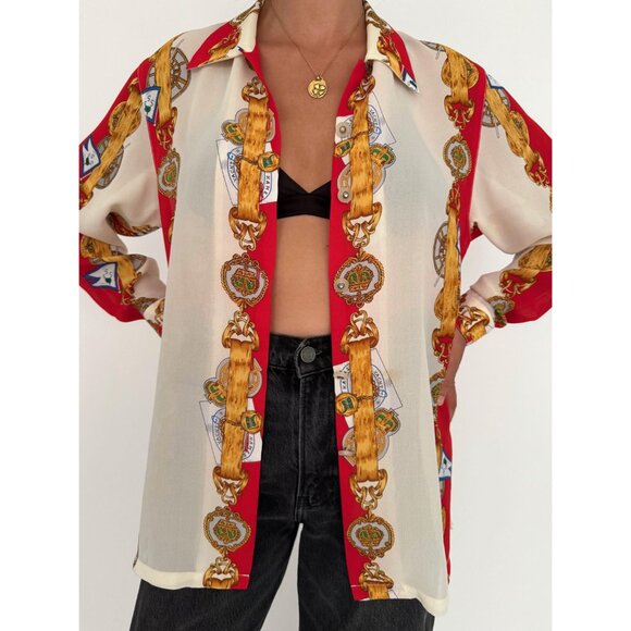 90s vintage red baroque nautical print collared sheer button up blouse shirt - Picture 8 of 10